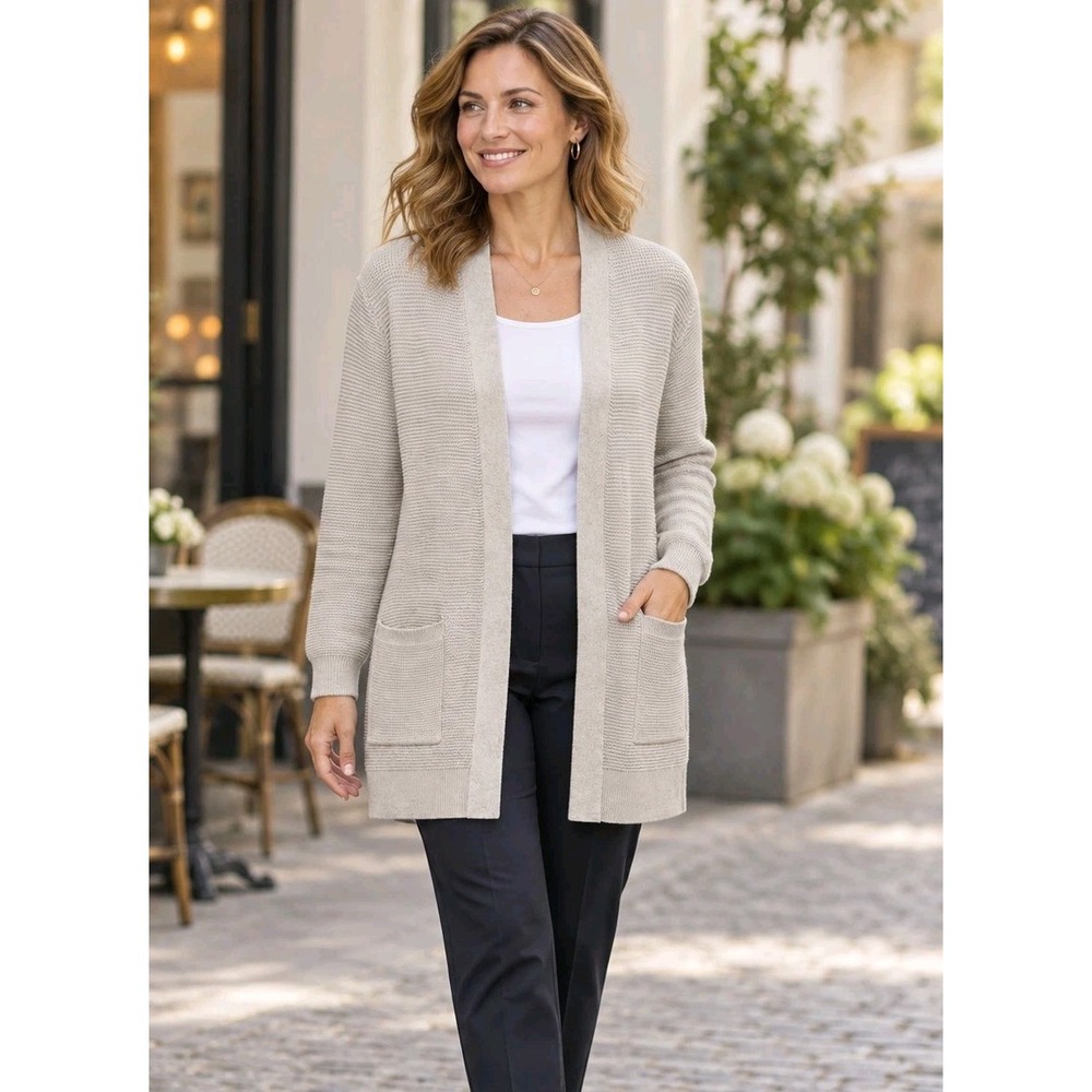 Verve Ami Open Front Waffle Knit Cardigan Sweater XL Pockets Neutral Fall Layer